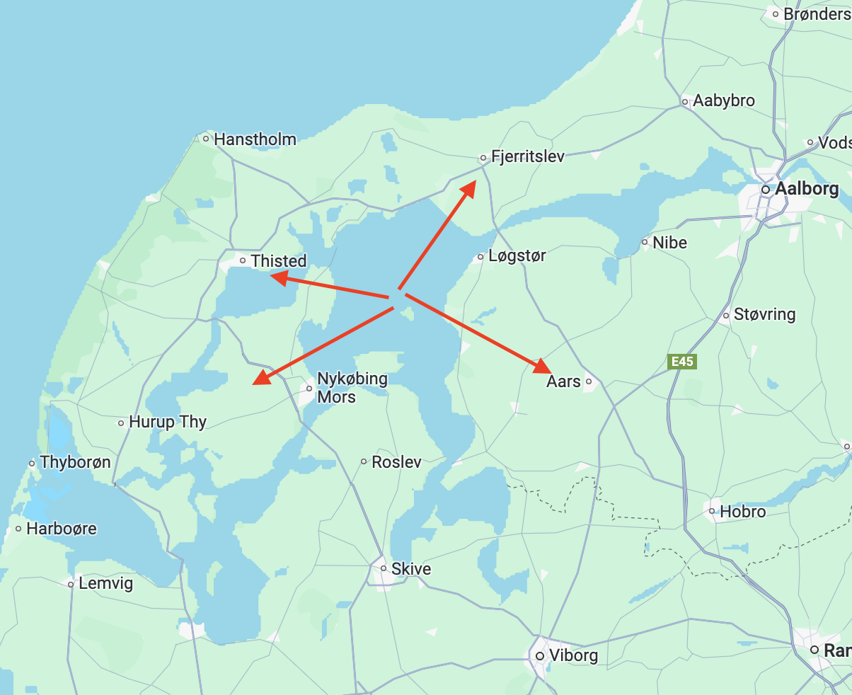 Danmarks kort med røde pile pegende på Thisted, Morsø, Jammerbugten og Vesthimmerland