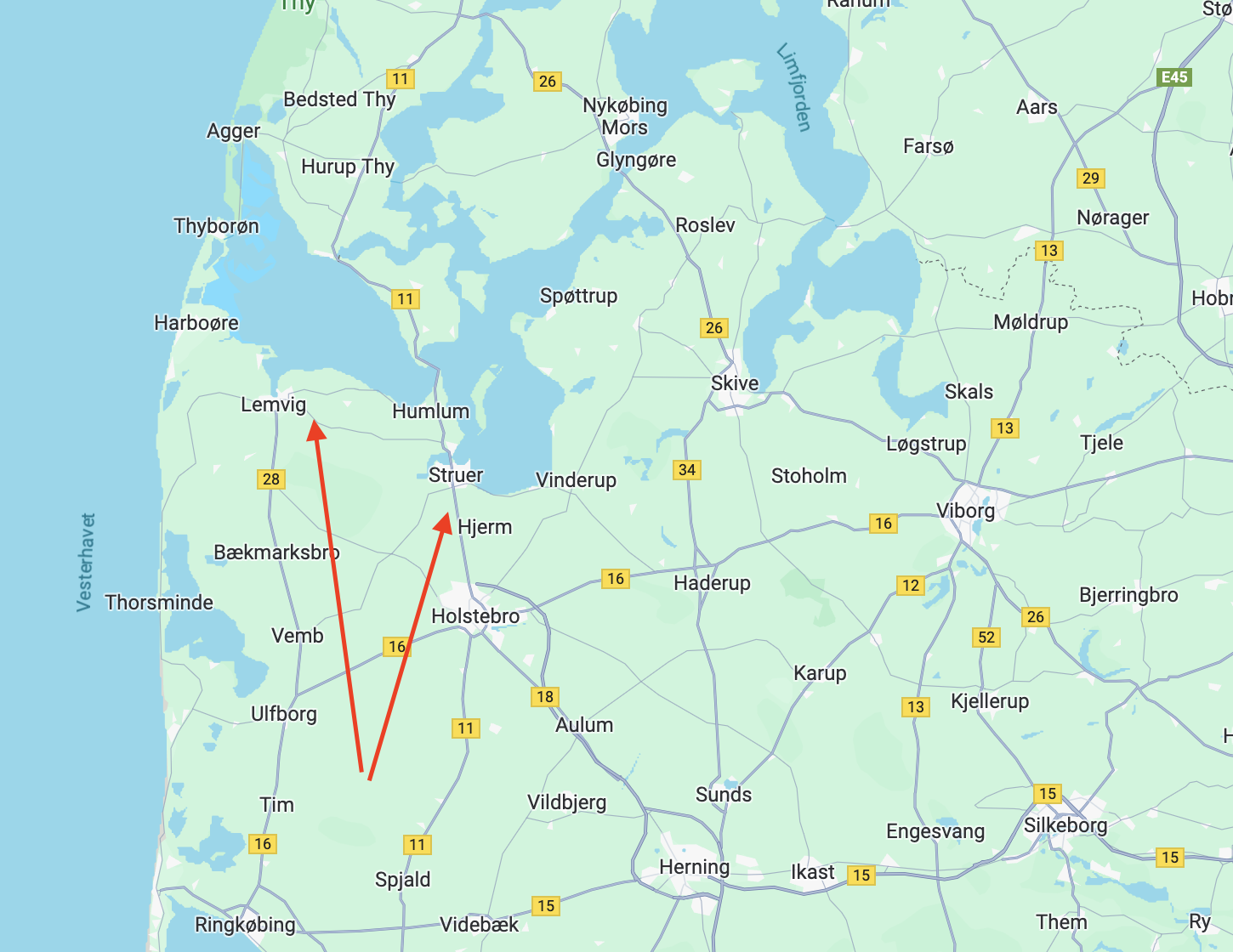 Danmarks kort med røde pile der peger på Struer og Lemvig