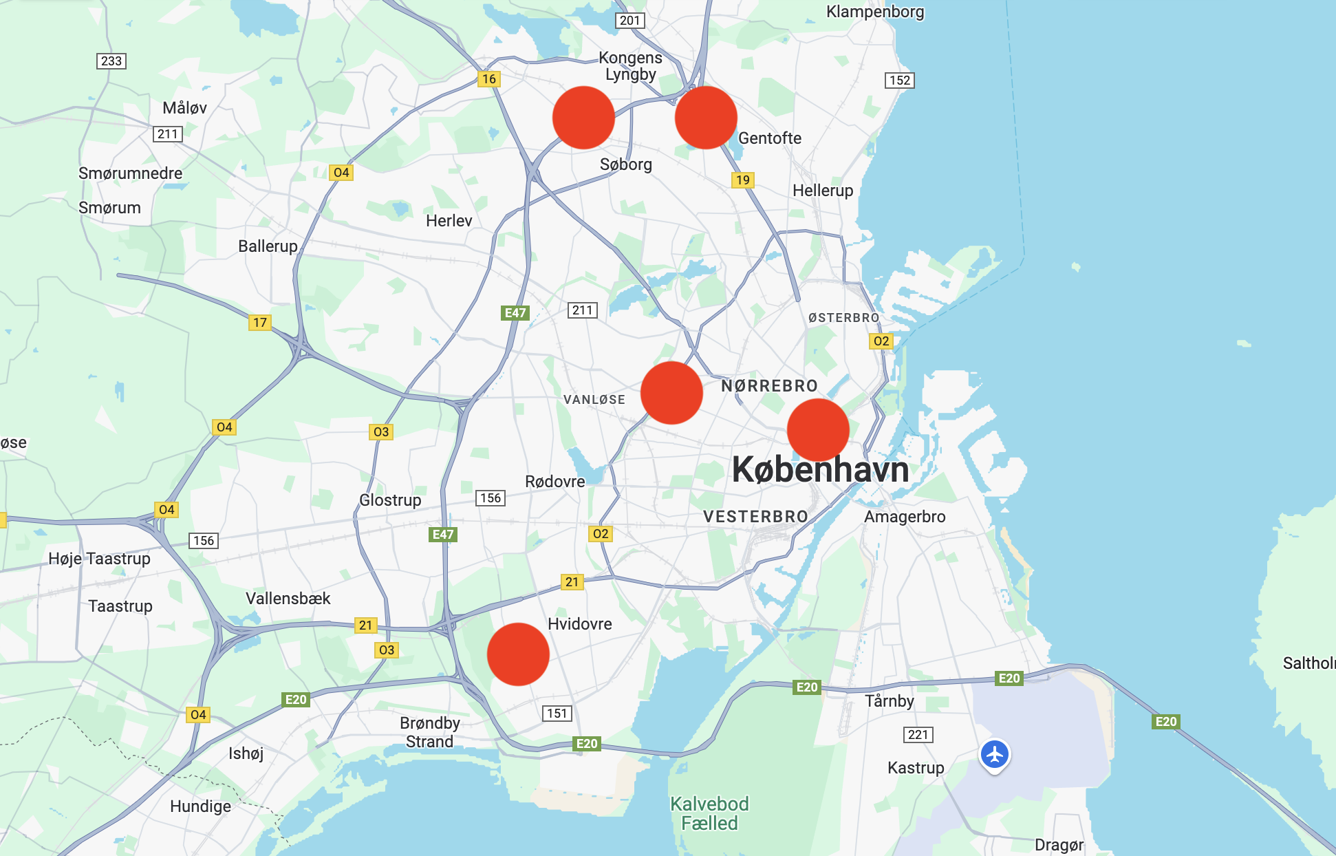 Danmarks kort med røde prikker