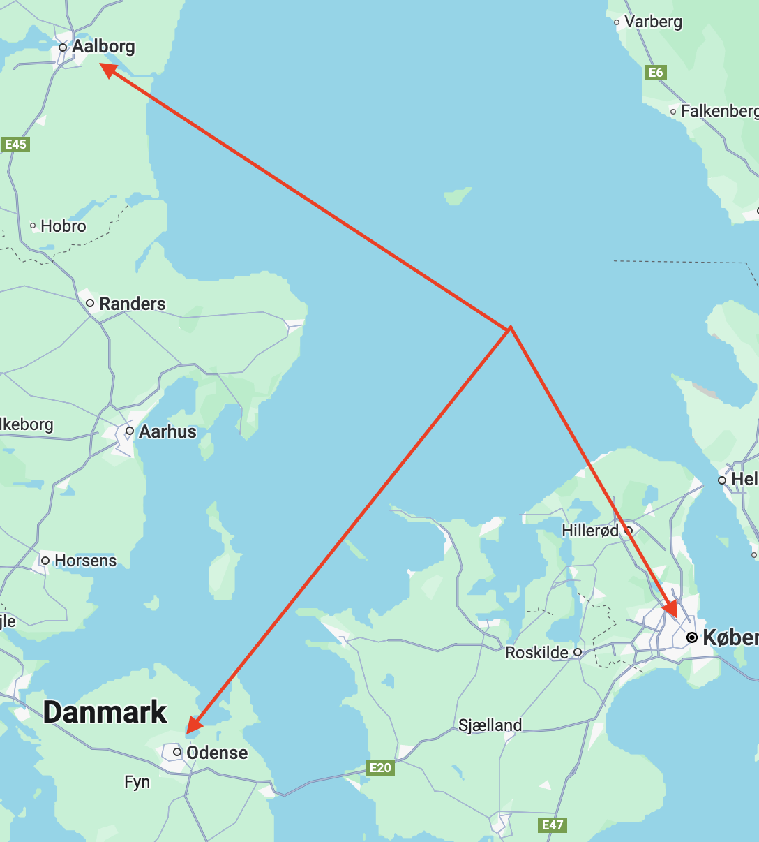 Danmarks kort med røde pile til Gentofte, Odense og Aalborg