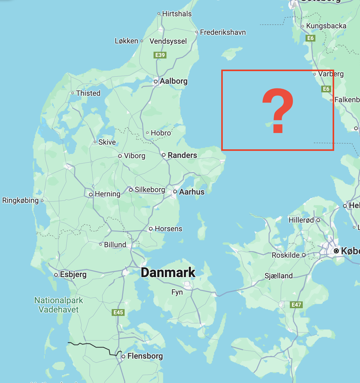 Et Danmarks kort med et spørgsmålstegn i hjørnet