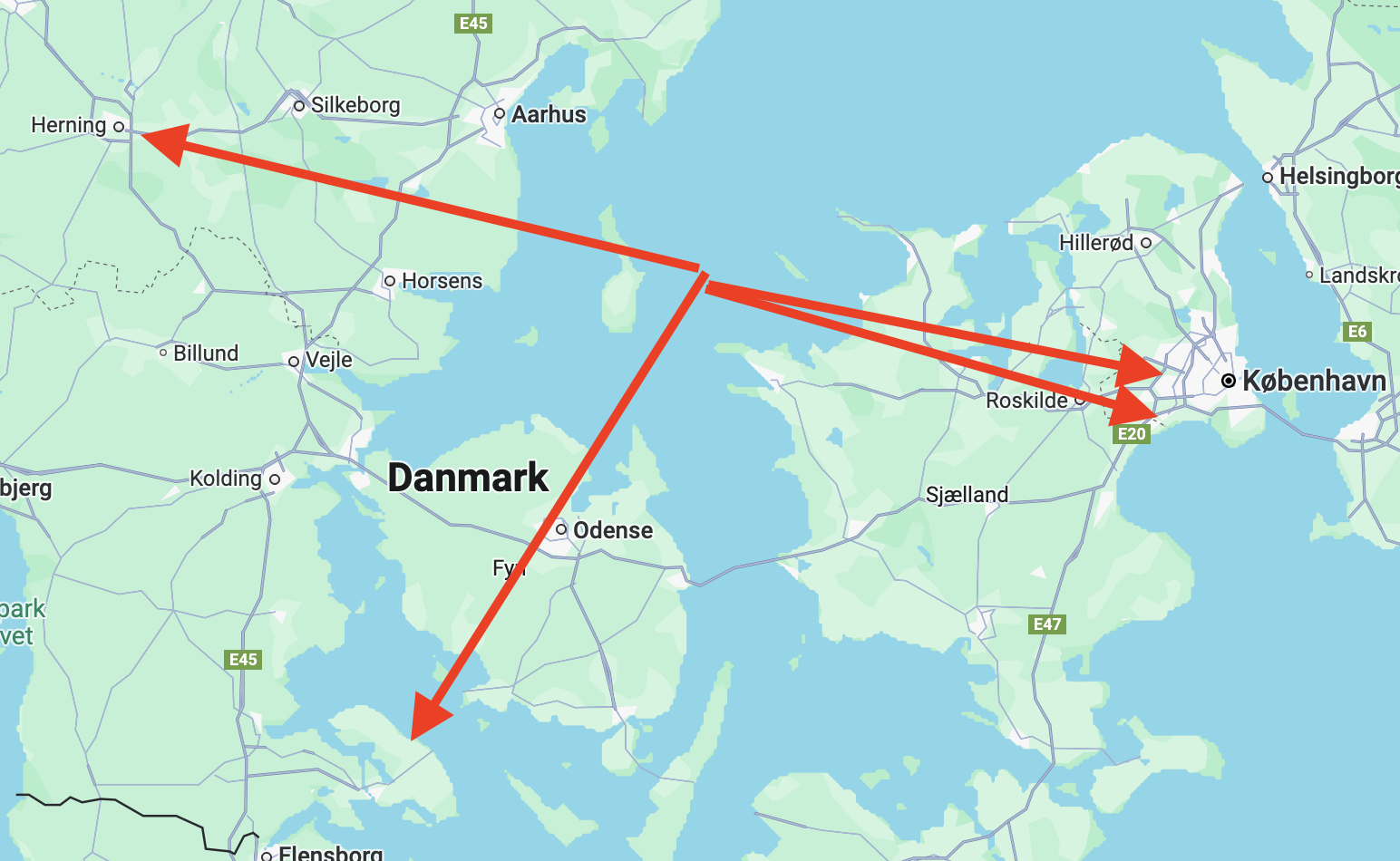 En landkort over Danmark med røde pile der peger på Herning, Sønderborg, Sjælland.