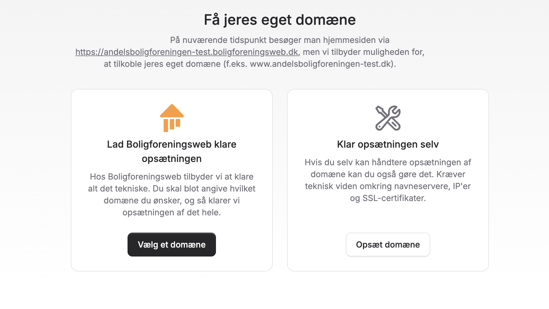 Visning af hvordan man vælger domæner i Boligforeningsweb