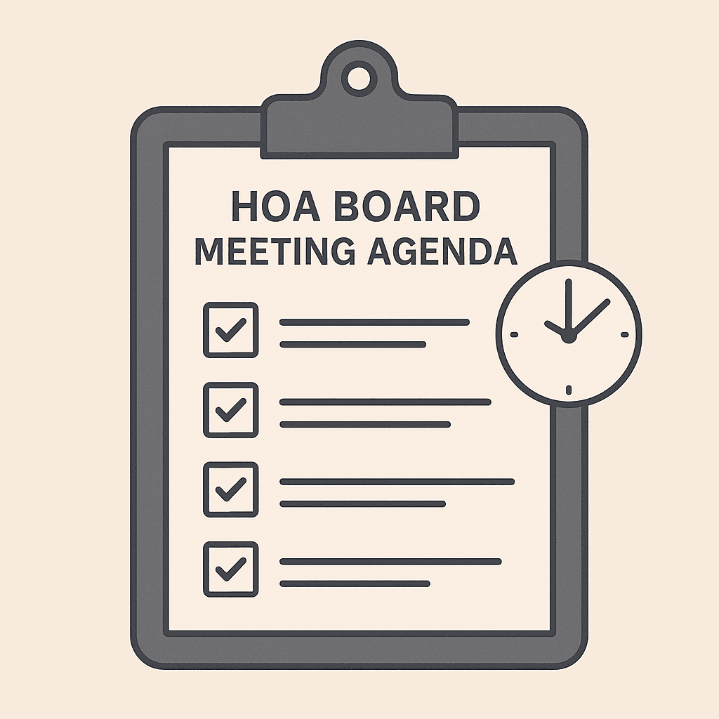 HOA board meeting agenda checklist with clock icon for time management.
