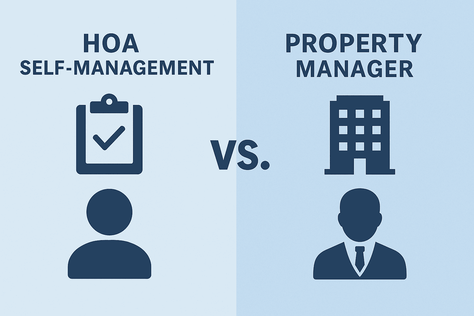 Minimalist infographic comparing HOA self-management and property manager, with icons of a person and clipboard on one side and a businessperson with a building on the other, separated by a "vs." symbol.