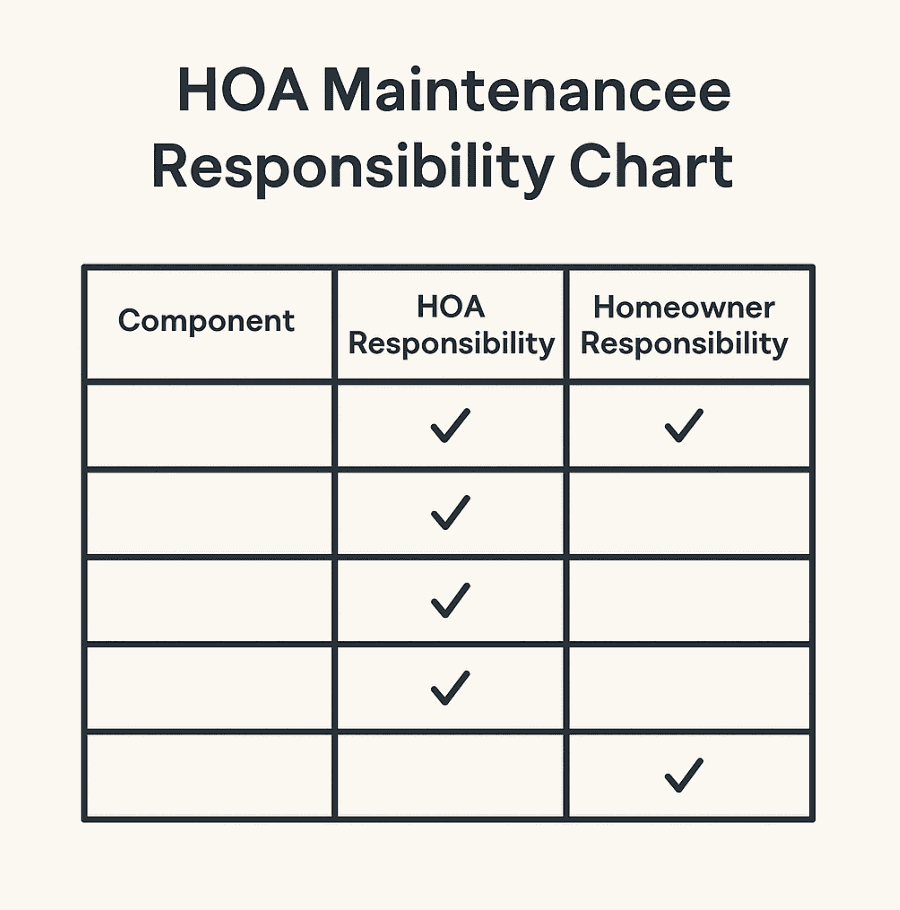 Minimalist HOA maintenance responsibility chart with columns for component, HOA responsibility, and homeowner responsibility, marked with simple checkmarks.
