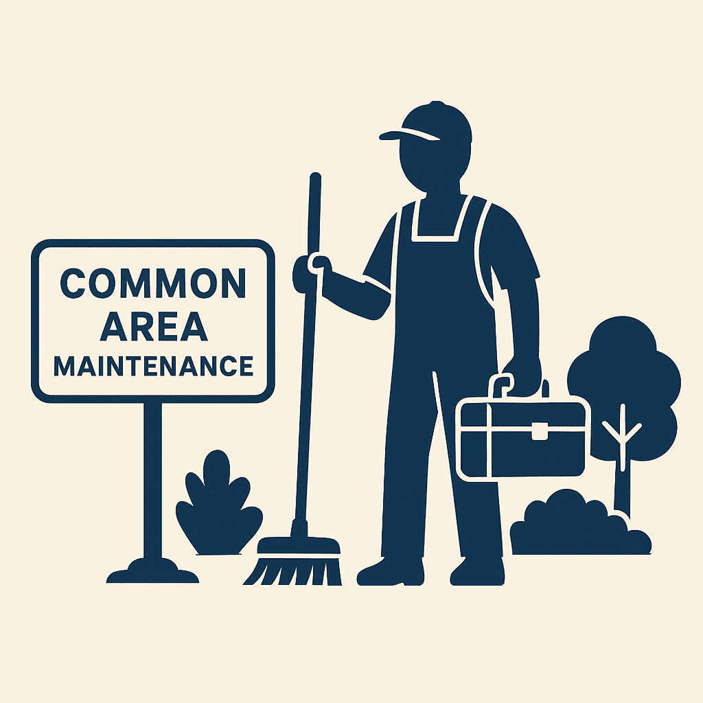 Minimalistic illustration of an HOA maintenance worker with broom and toolbox beside a “Common Area Maintenance” sign.