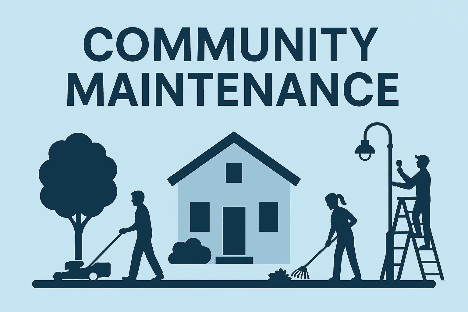 Minimalistic illustration showing community maintenance activities, including lawn mowing, leaf raking, and light fixture repair in a shared neighborhood space.