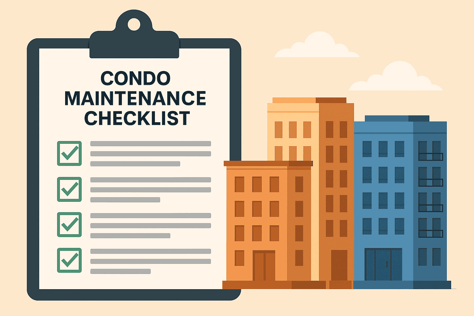 Minimalistic illustration of a condo maintenance checklist on a clipboard next to modern condominium buildings.