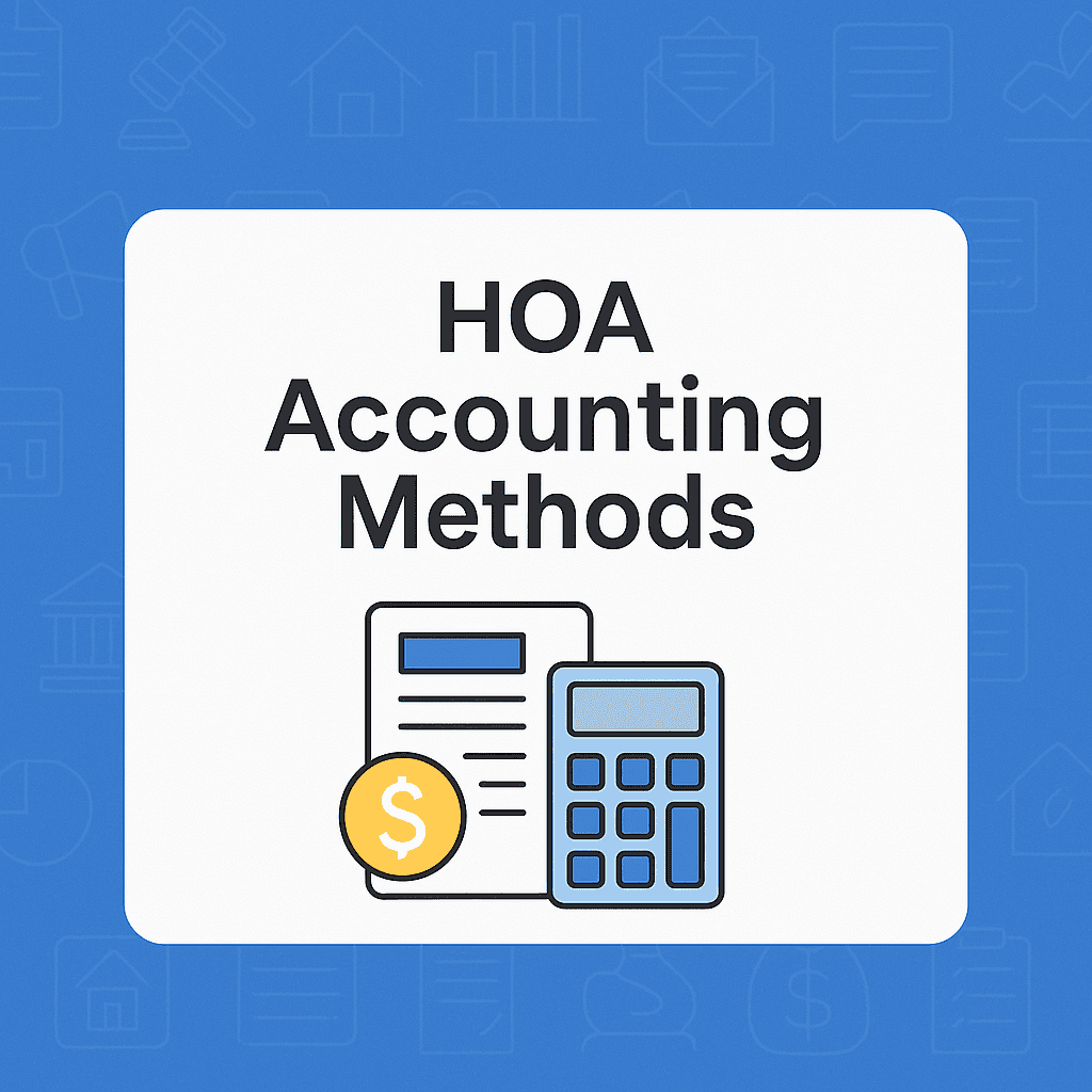 Minimalistic illustration with the text “HOA Accounting Methods,” showing a calculator, financial document, and coin to symbolize HOA finances.