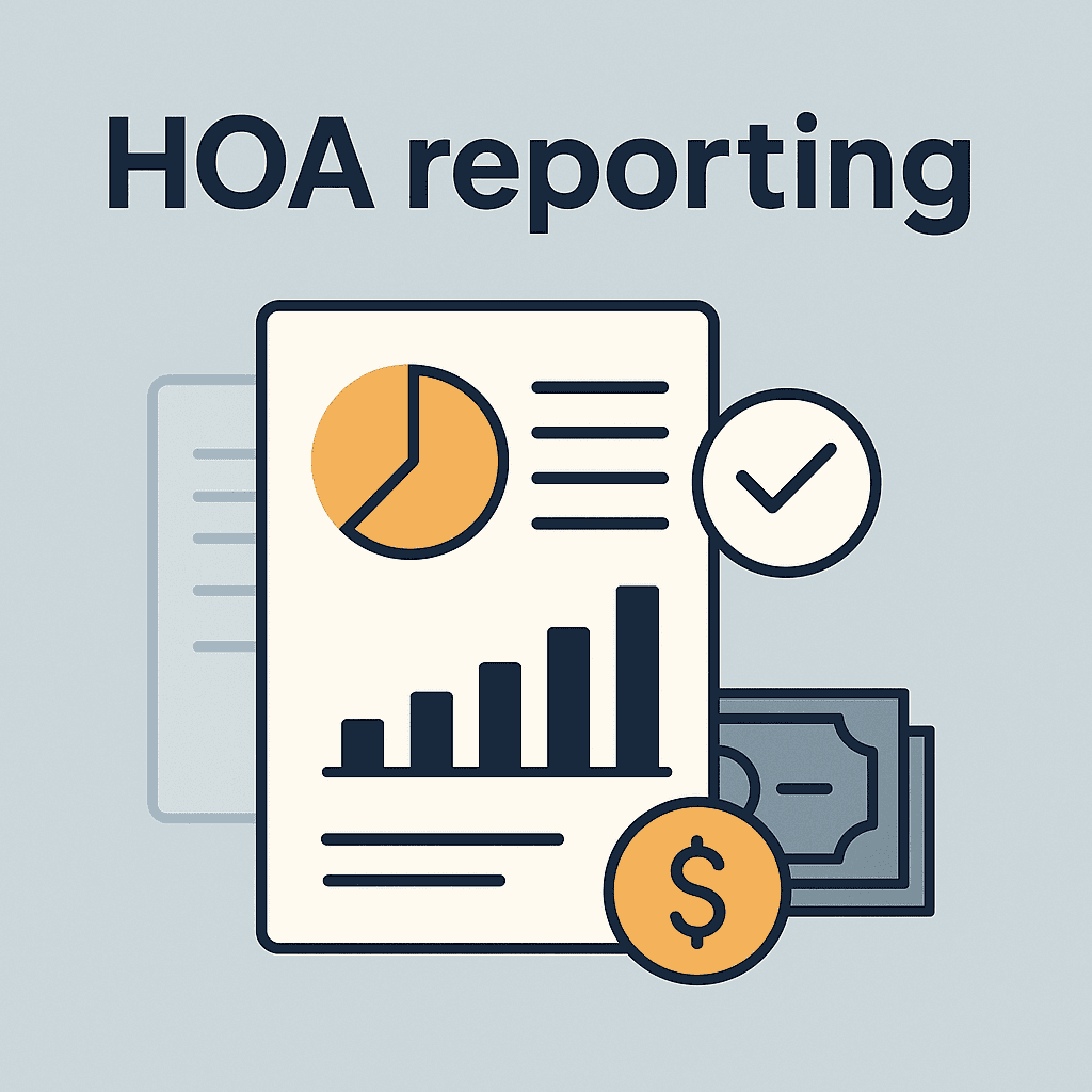 Minimalistic illustration for HOA reporting blogpost, showing financial documents, charts, checkmark, and dollar symbol in blue and gold on light background.