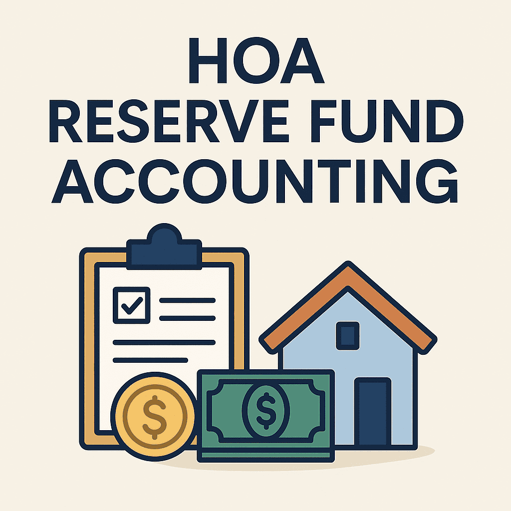 Minimalistic flat-style illustration showing a clipboard, gold coin, dollar bill, and house with the text "HOA Reserve Fund Accounting" above.