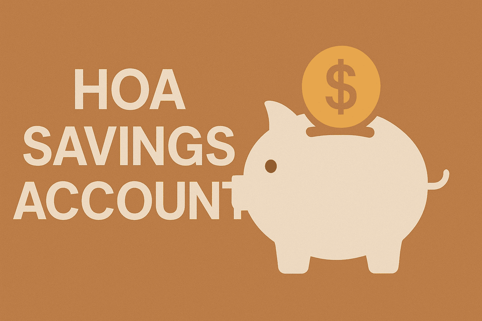 Horizontal minimalistic graphic with the text "HOA savings account" on the left and a piggy bank with a visible nose and coin on the right, set on an orange background.