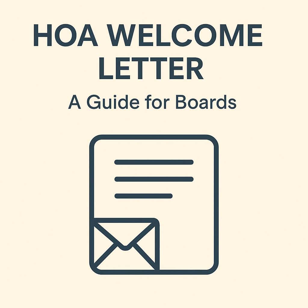 Minimalistic cover with centered title “HOA Welcome Letter,” subtitle “A Guide for Boards,” and a simple letter icon on beige background.