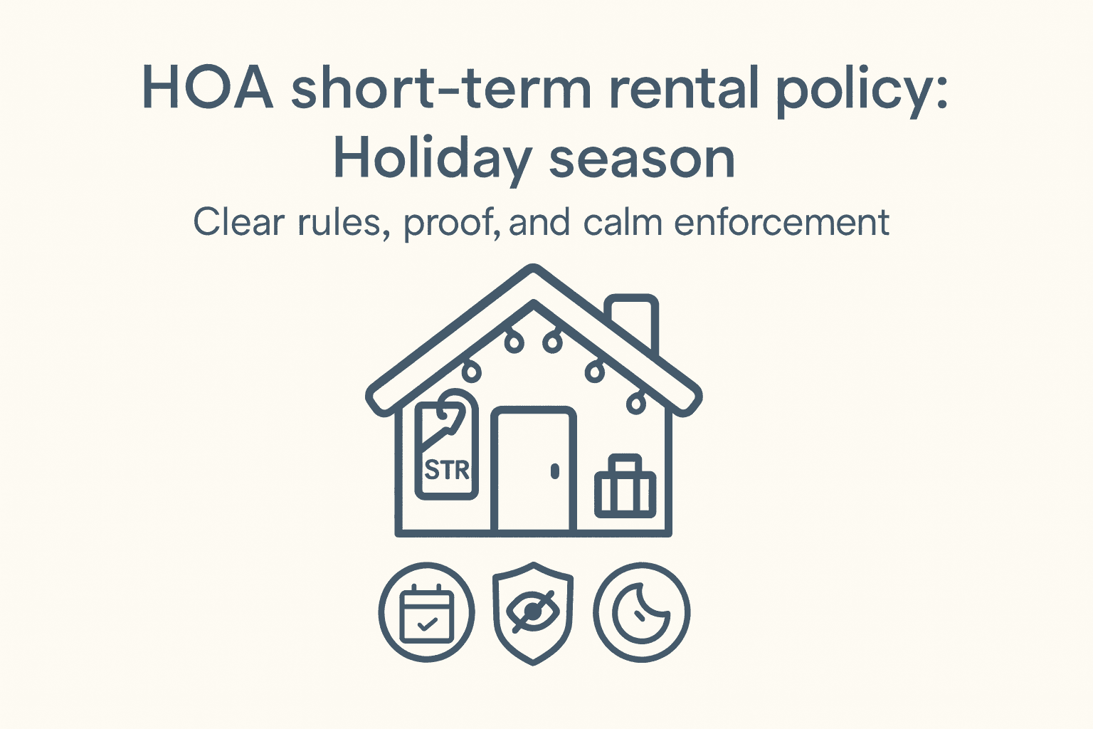 HOA short-term rental policy: holiday house with STR door hanger, suitcase, and icons for schedule, privacy, and quiet hours.