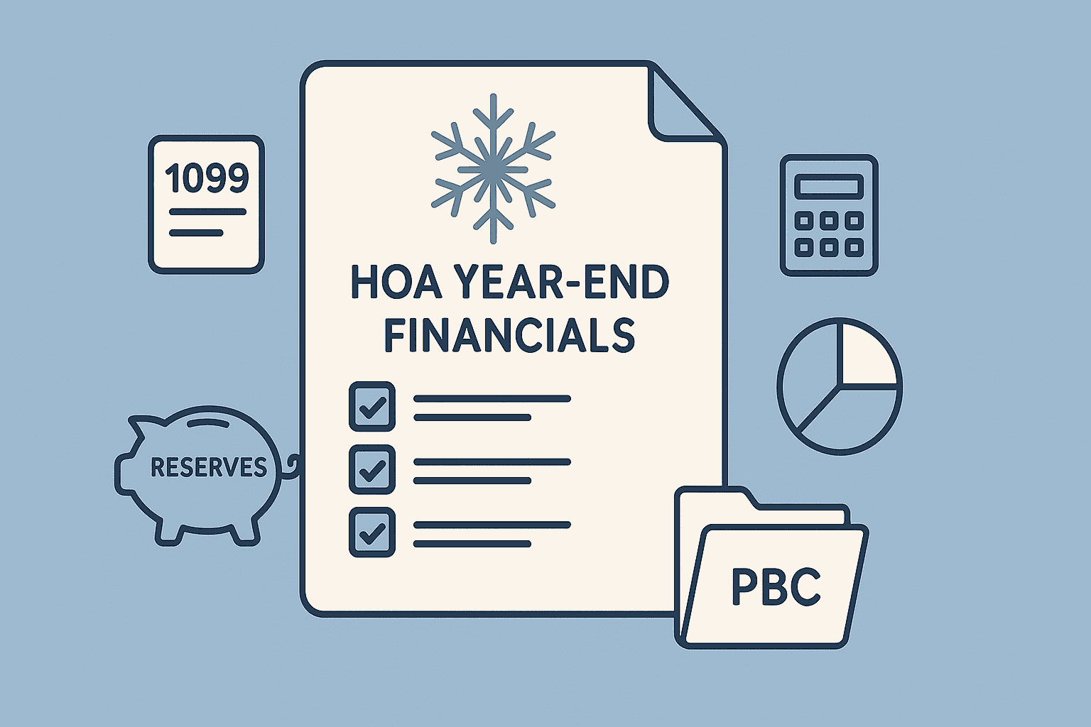 HOA year-end financials: checklist document with 1099 form, calculator, pie chart, reserves piggy bank, and PBC folder on a soft blue background.