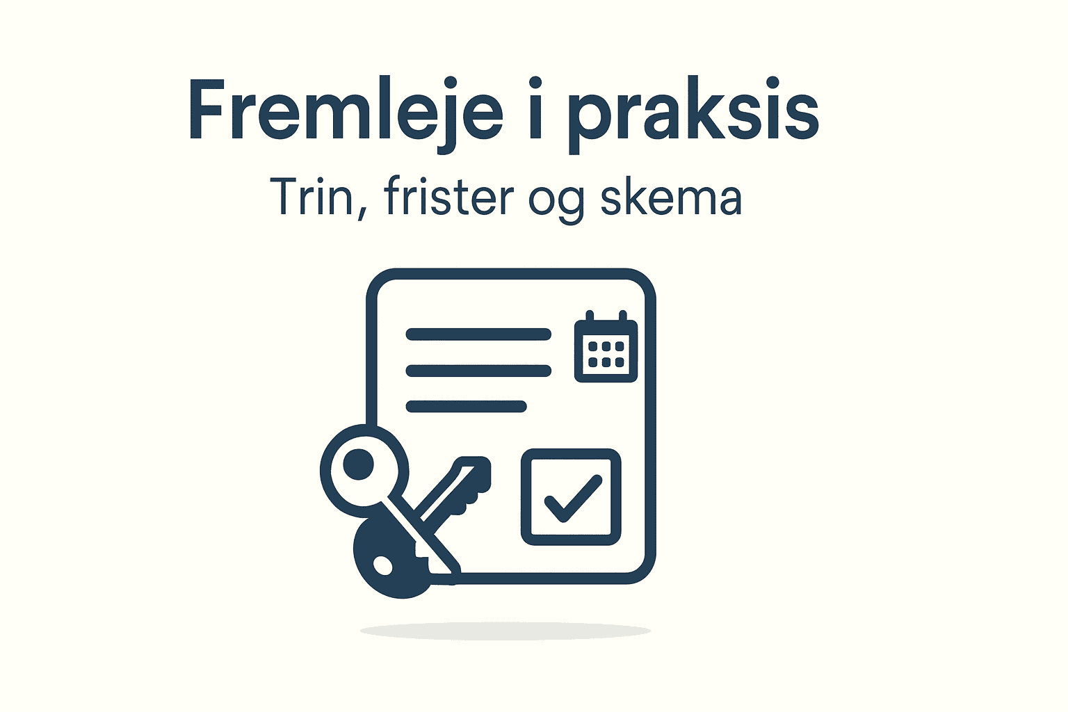 Fremleje i praksis – ikon af dokument med nøgle, kalender og flueben på lys cremebaggrund.