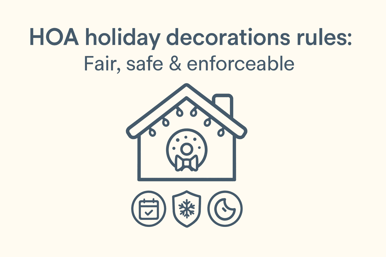 HOA holiday decorations rules: house with string lights and wreath, icons for dates, safety, and quiet hours.