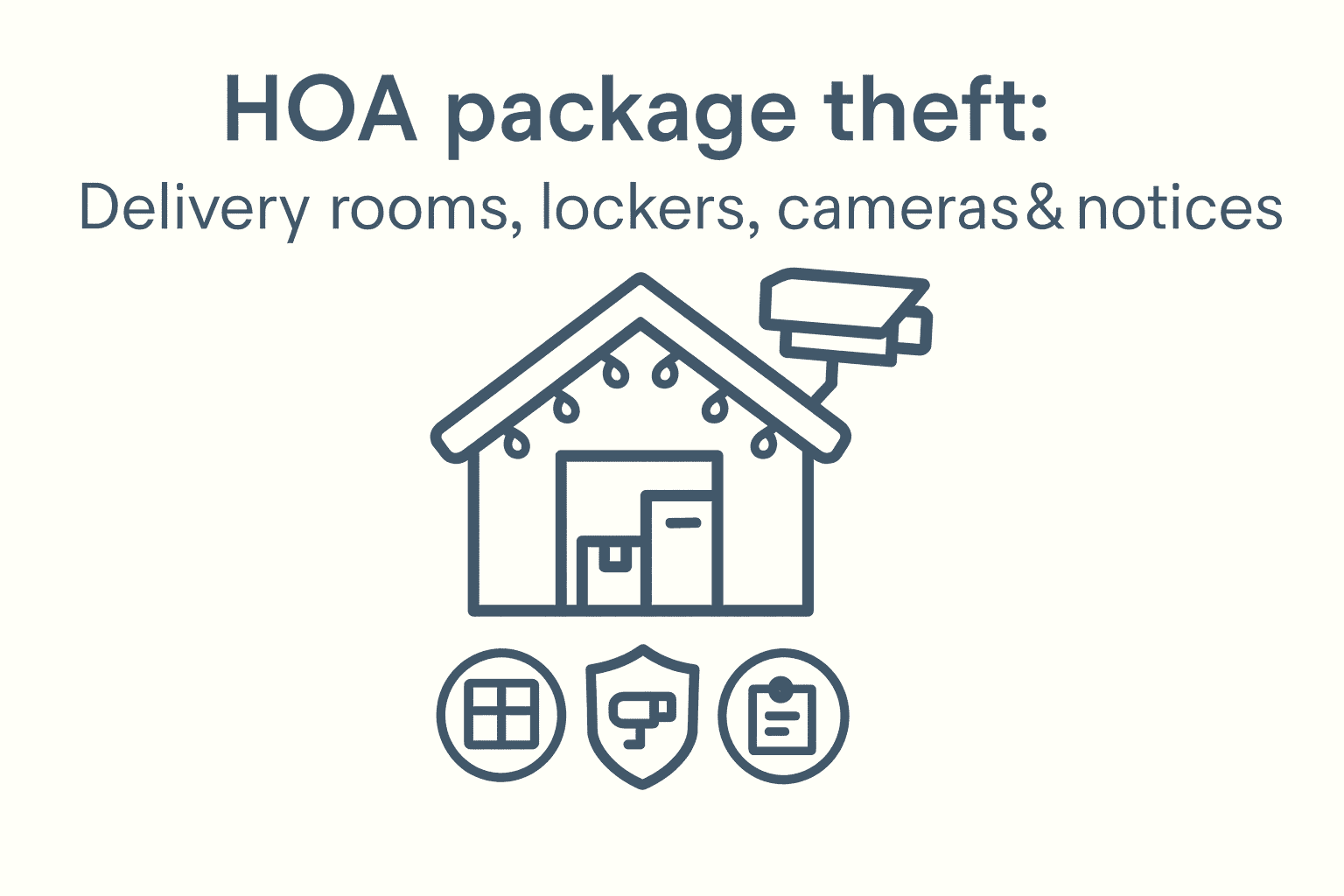 HOA package theft: house with parcels and camera, plus icons for delivery lockers and notices on soft cream background