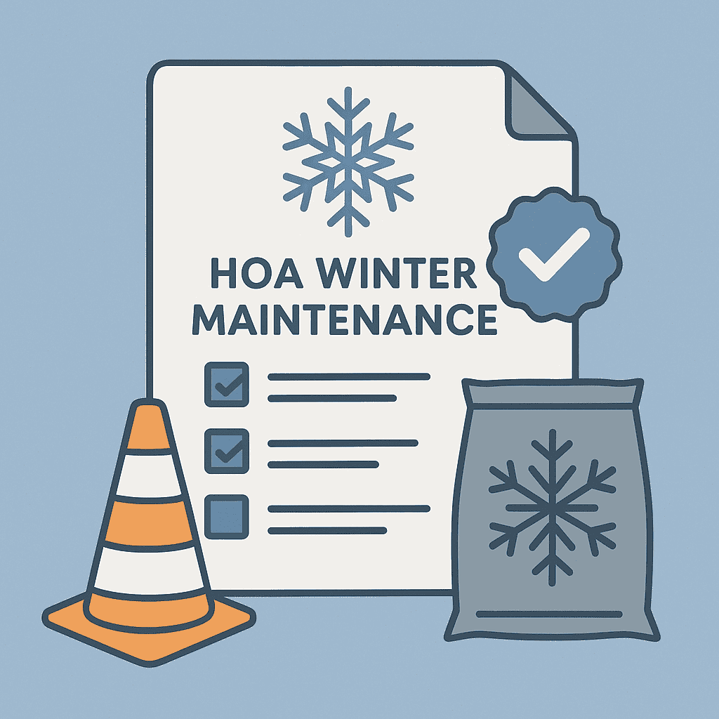 document card with snowflake, checklist bars, check badge, traffic cone and de-icer bag on soft blue background