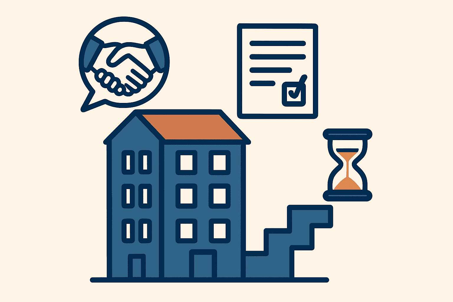 Minimalistisk illustration af boligforening med bygning, håndtryk i taleboble, tjekliste, timeglas og trappesymbol – symbol på konflikthåndtering i andelsboligforening.