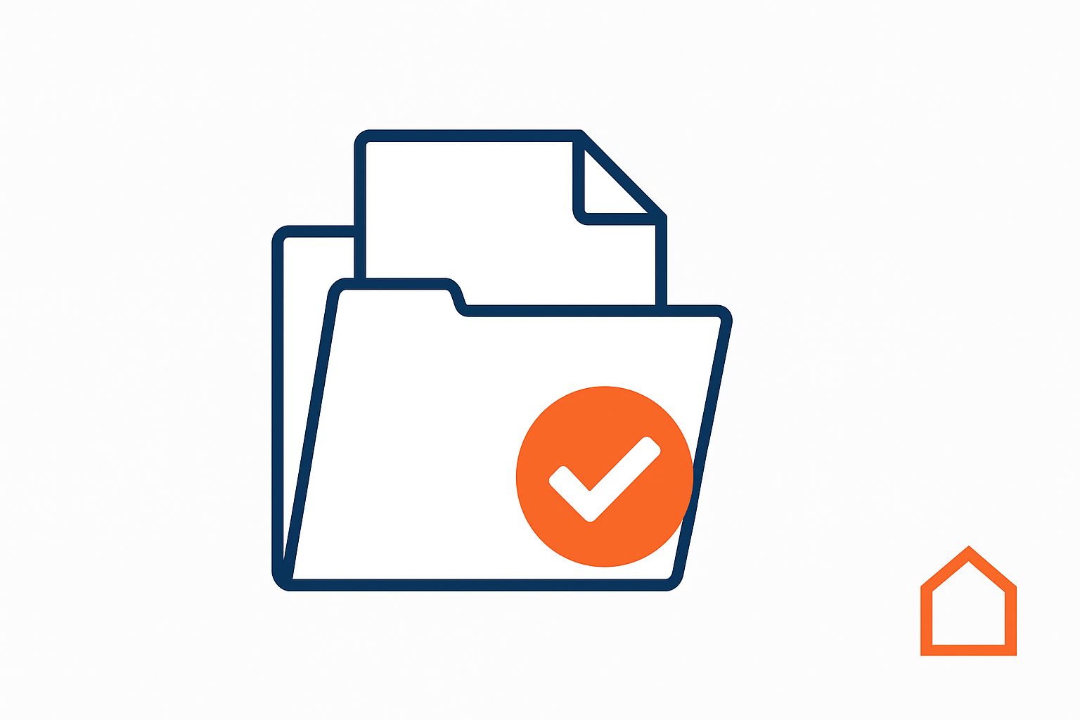 Minimalistisk illustration af en digital mappe med et dokument og et orange godkendelsestegn, samt Boligforeningswebs logo i nederste hjørne.