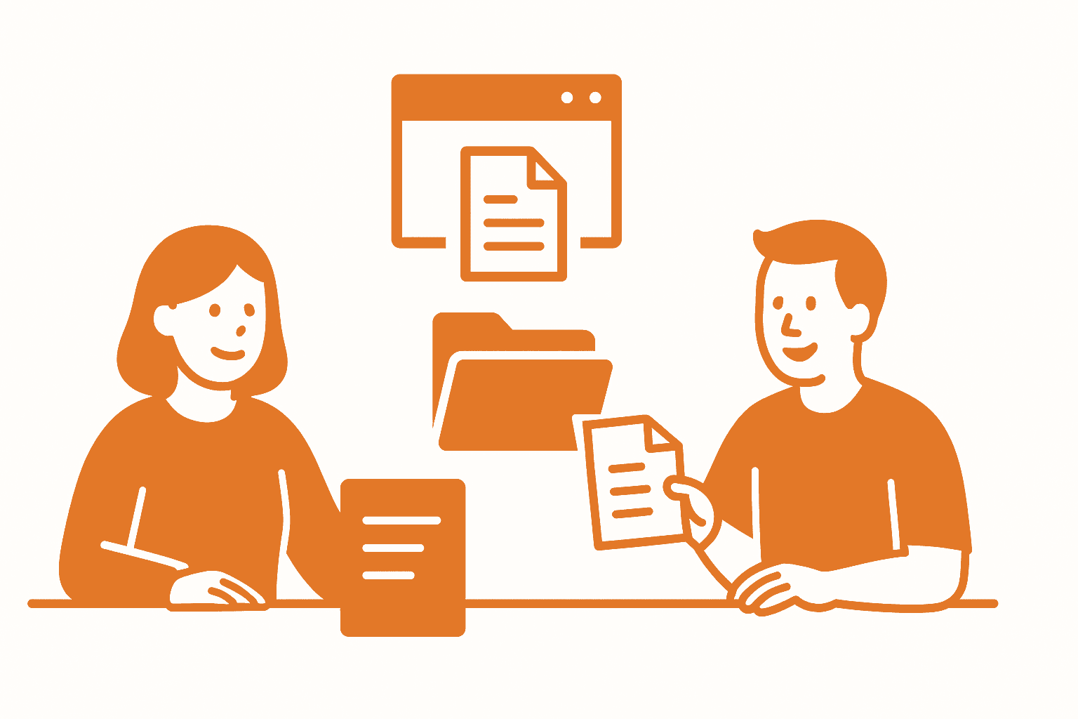 Minimalistisk illustration af bestyrelse, der organiserer digitale dokumenter i et fælles arkiv.