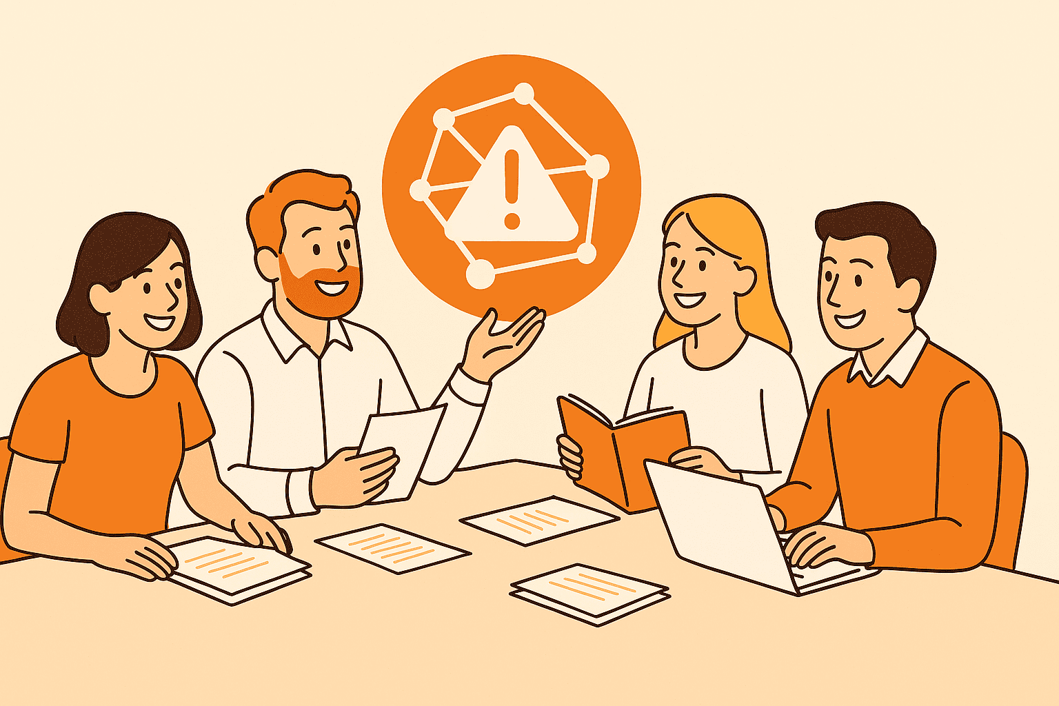 Illustration af en glad bestyrelse, der samarbejder om at håndtere organisatoriske risici ved et mødebord, i lyse og varme farver.