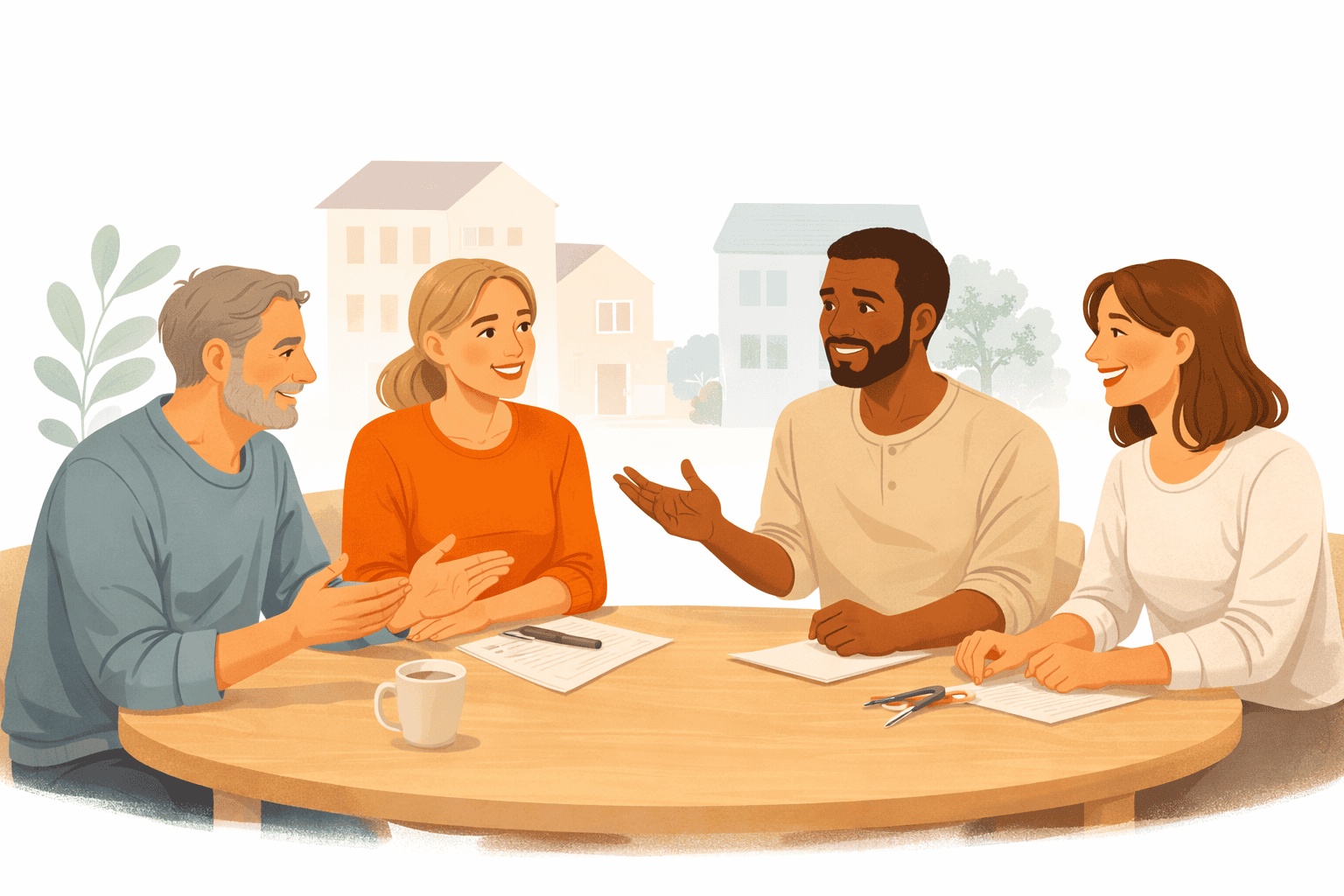 Illustration af bestyrelse i dialog med beboere, der symboliserer fællesskab og tillid i foreningen.