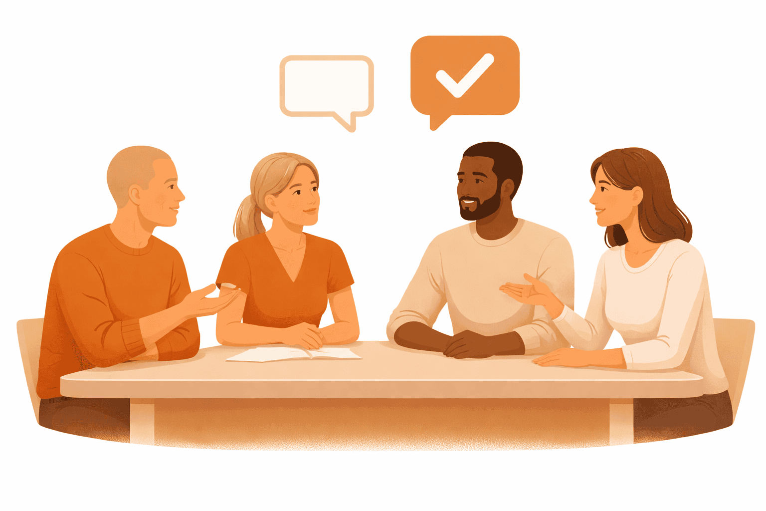 Illustration af bestyrelsesmedlemmer i dialog med fokus på samarbejde og psykologisk tryghed.