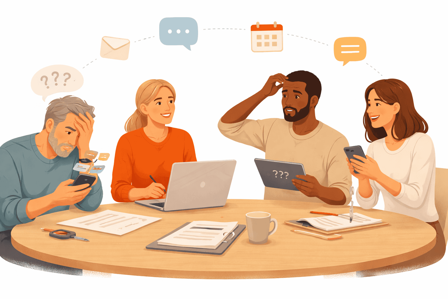 Illustration af bestyrelsesmedlemmer i rolig dialog med fokus på klar kommunikation og fælles struktur.