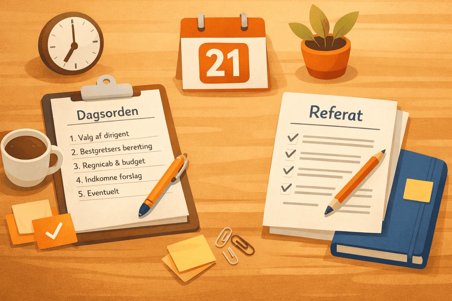 Illustration af dagsorden og referat samlet på et bord som forberedelse til generalforsamling i en forening