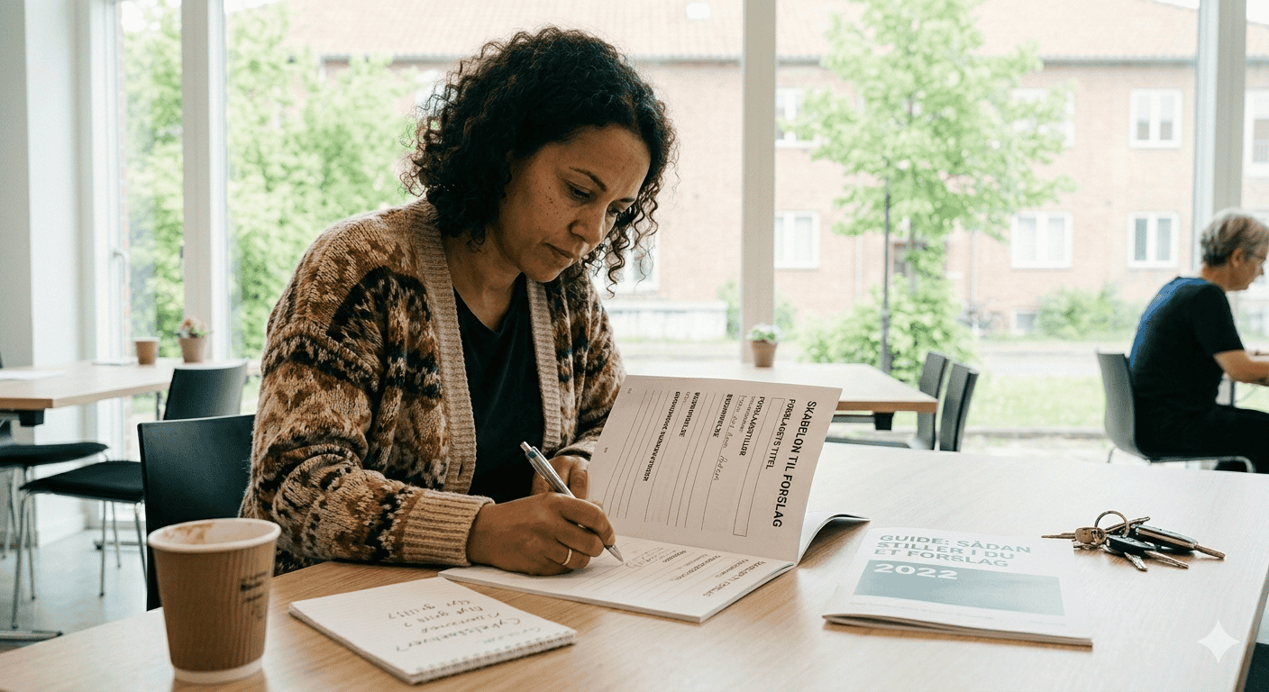 En beboer sidder koncentreret ved et bord i et lyst fælleslokale og udfylder en 'Skabelon til forslag' med en pen. Ved siden af hende ligger en notesblok med noter om emner som 'cykelstativer' og 'ny grill', samt en kaffekop og et sæt nøgler. Billedet illustrerer, hvordan et medlem aktivt forbereder et konkret forslag til foreningens dagsorden for at skabe engagement og demokrati.