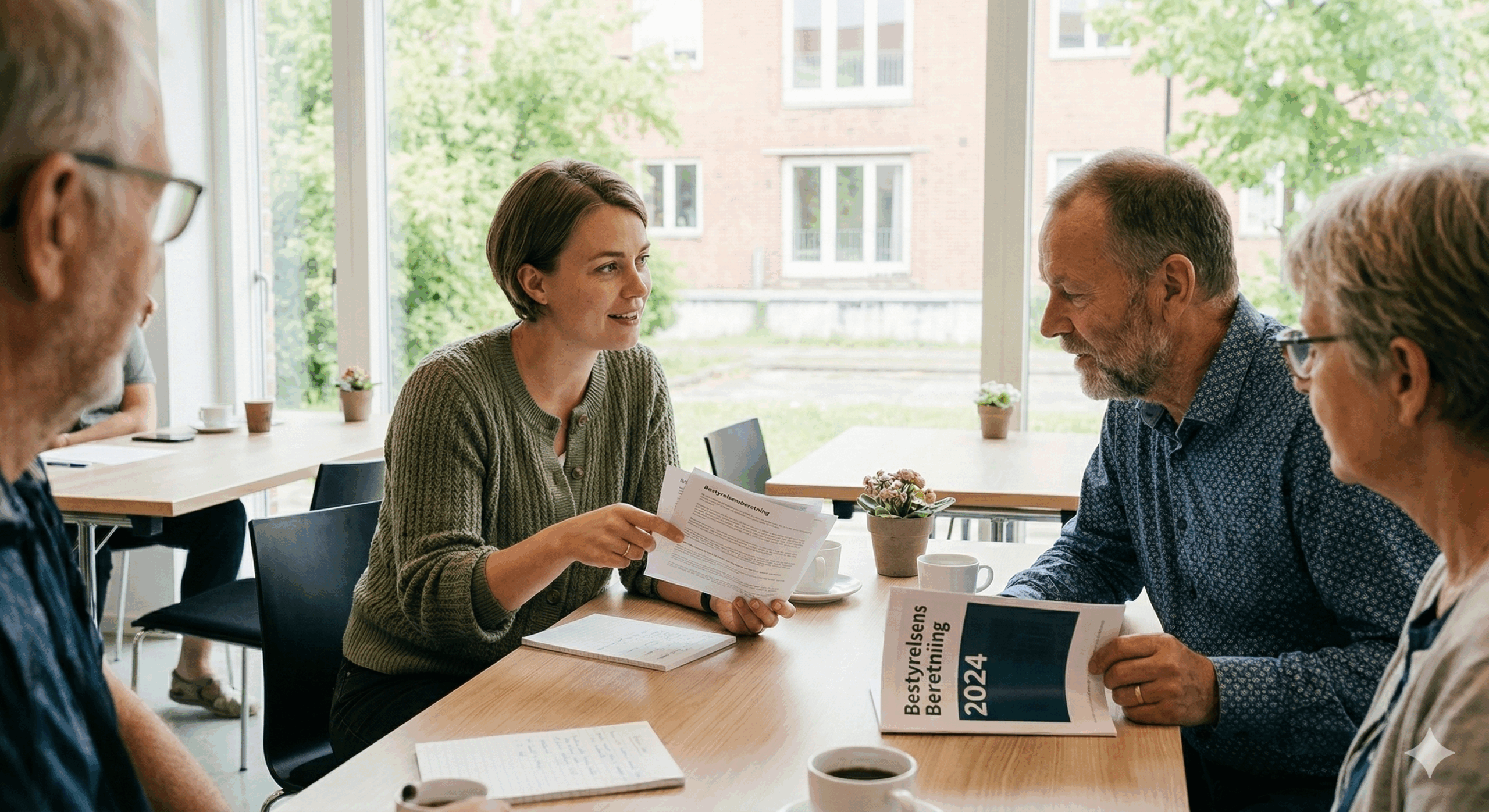 Et nærbillede af en uformel samtale mellem et bestyrelsesmedlem og beboere i en forening. Bestyrelsesmedlemmet sidder ved et træbord med en kaffekop og peger på et dokument med titlen 'Bestyrelsens Beretning 2024' for at forklare årets vigtigste begivenheder. Atmosfæren er præget af tillid, øjenkontakt og gennemsigtighed, mens de diskuterer foreningens udfordringer og fremtidsplaner i et lyst lokale.
