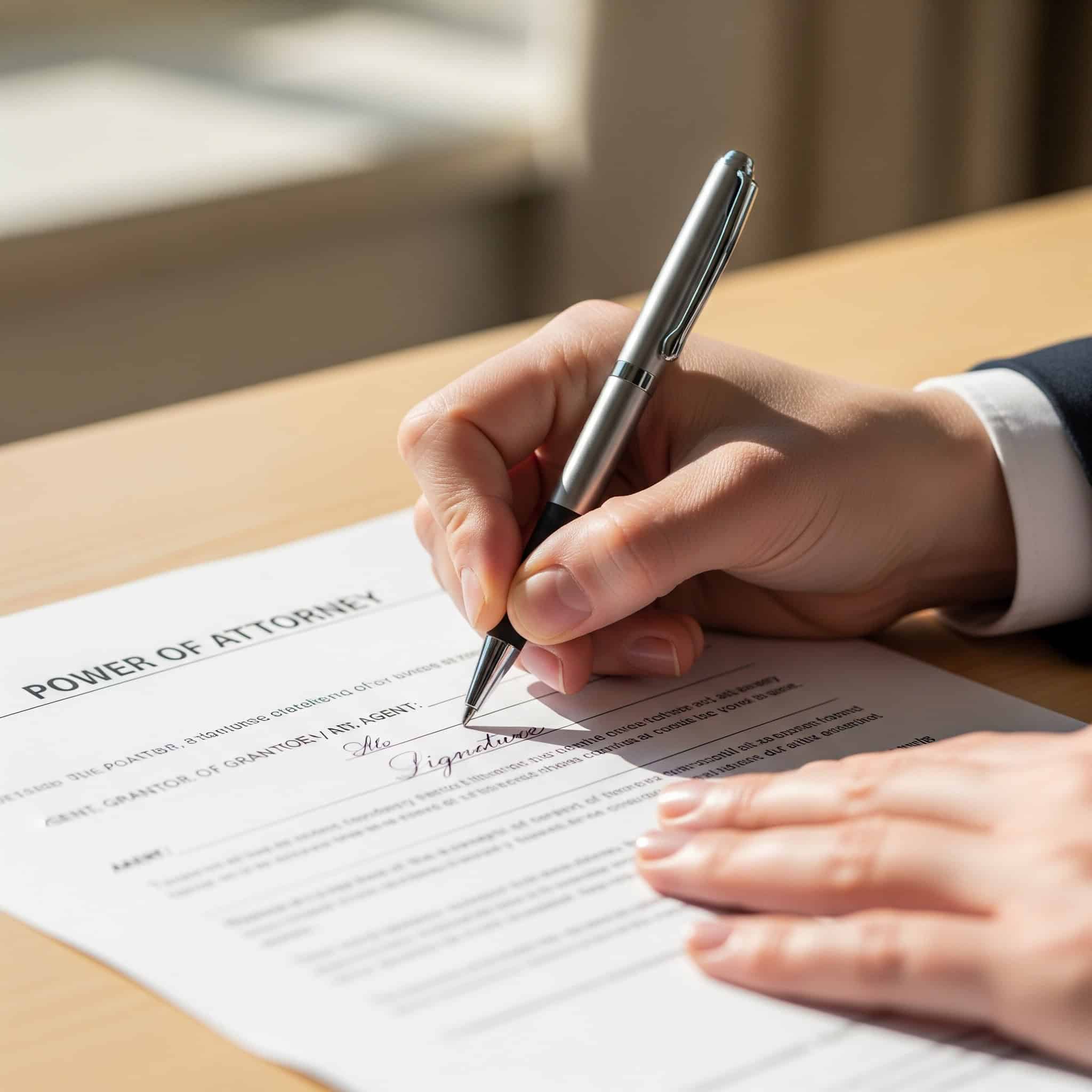 Minimalistisk illustration af en hånd, der skriver under på et fuldmagtsdokument.