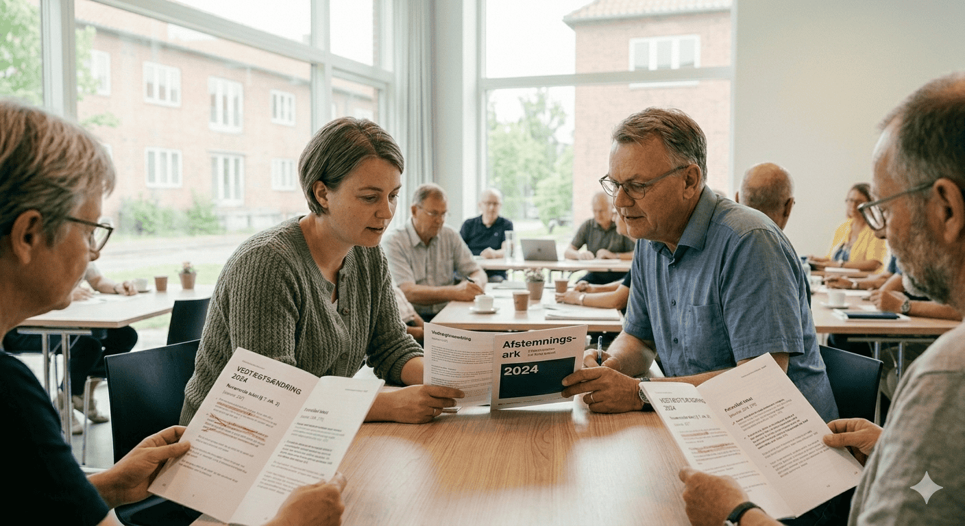 Billedet viser to medlemmer af en forening, der sidder sammen ved et bord og nærlæser et dokument med titlen 'Vedtægtsændring 2024'. De sammenligner den nuværende tekst med den foreslåede ændring, præcis som beskrevet i guiden. I baggrunden ses andre medlemmer i et lyst lokale, der også studerer deres papirer, hvilket understreger betydningen af at være velforberedt inden en afstemning om foreningens regler.
