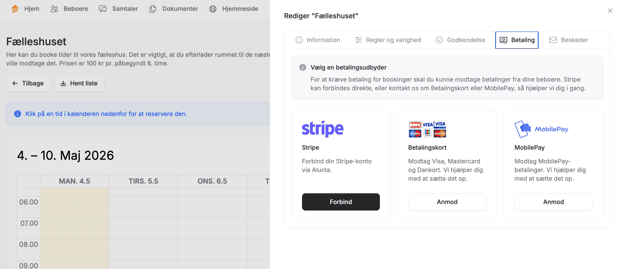 Opsætning af betaling for fælleshus i Boligforeningsweb med Stripe-integration